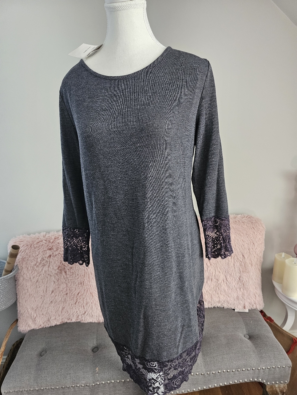 Gray Knit Dress with Lace Trim
